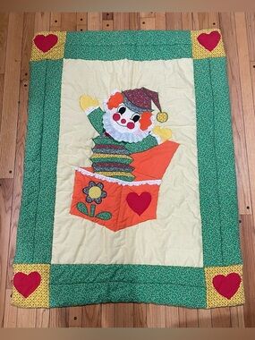 Vtg Jack In The Box Crib Applique Quilt Blanket Wall Art 53”x 40" Patchwork